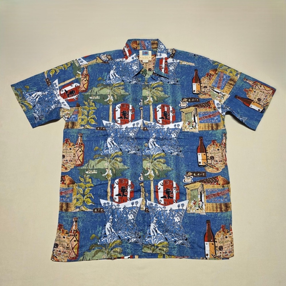 Kahala AVICollection La Havana Cuba Men Large Blue HawaiianShirt ButtonUp RegFit